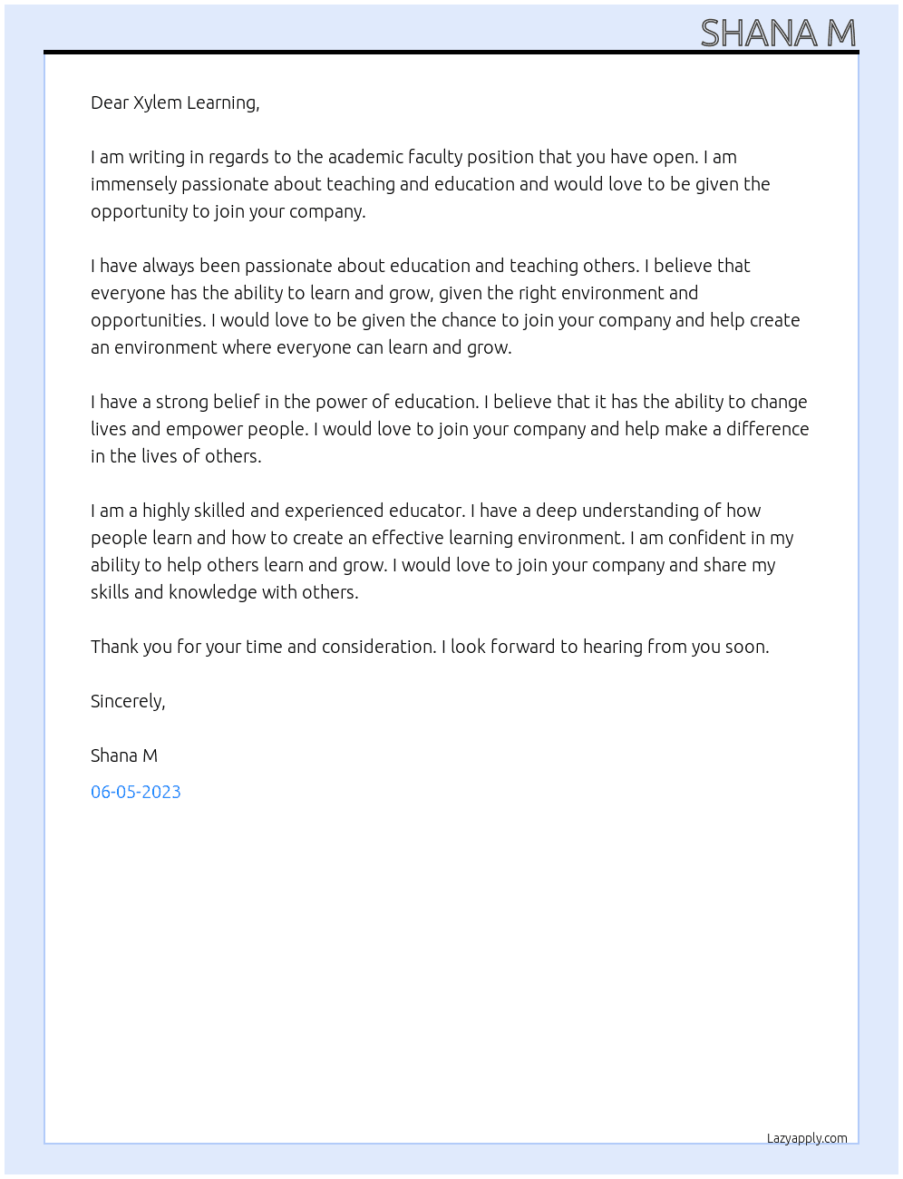 Academic faculty  At Xylem learning  Cover Letter