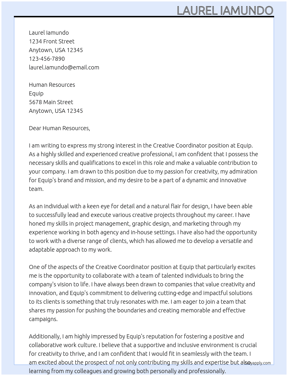 Creative Coordinator At Equip Cover Letter