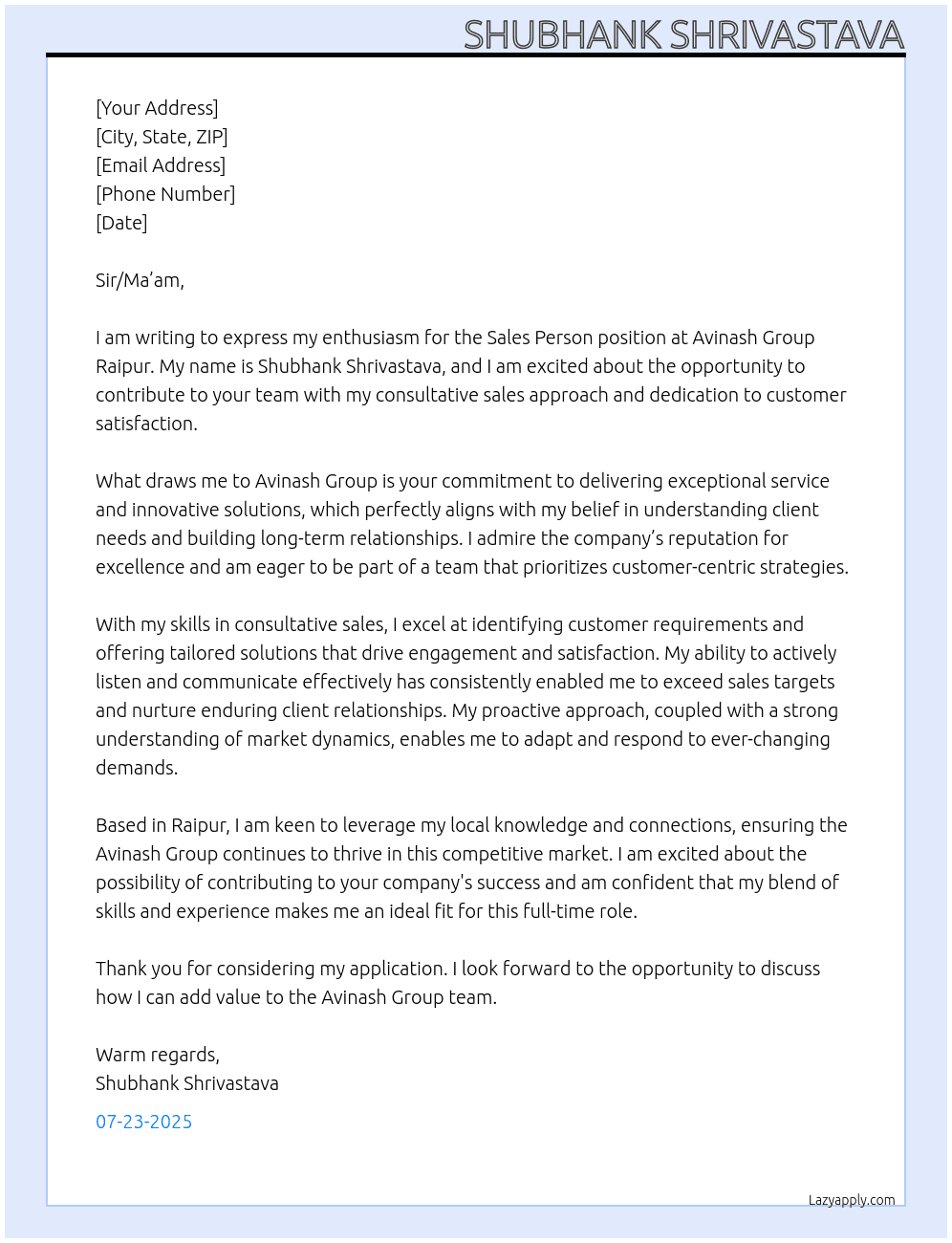 SALES PERSON At AVINASH GROUP RAIPUR Cover Letter