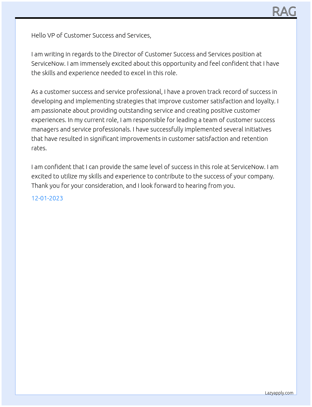 Director of Customer Success and Services At ServiceNow Cover Letter