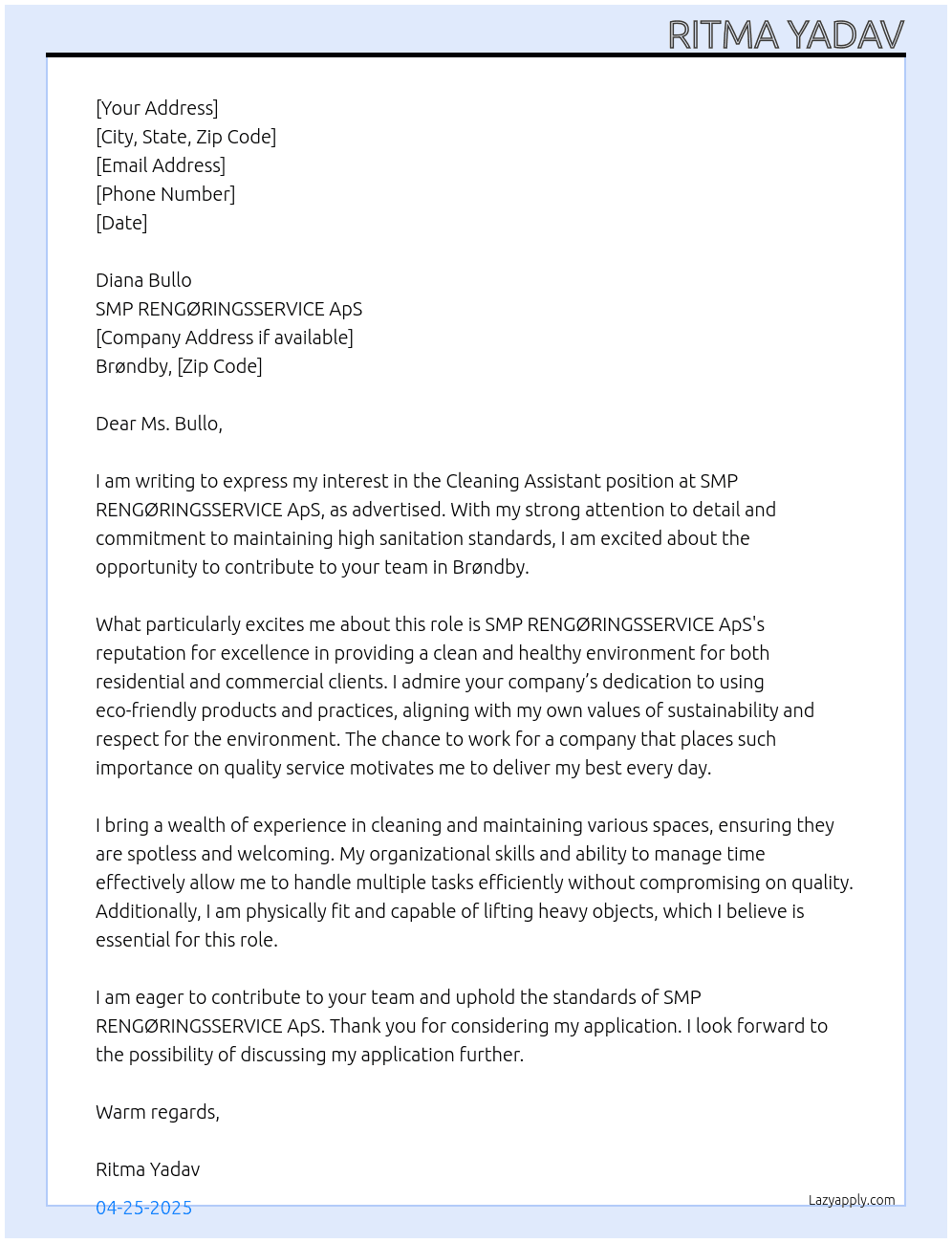 Cleaning Assistant  At SMP RENGØRINGSSERVICE ApS Cover Letter