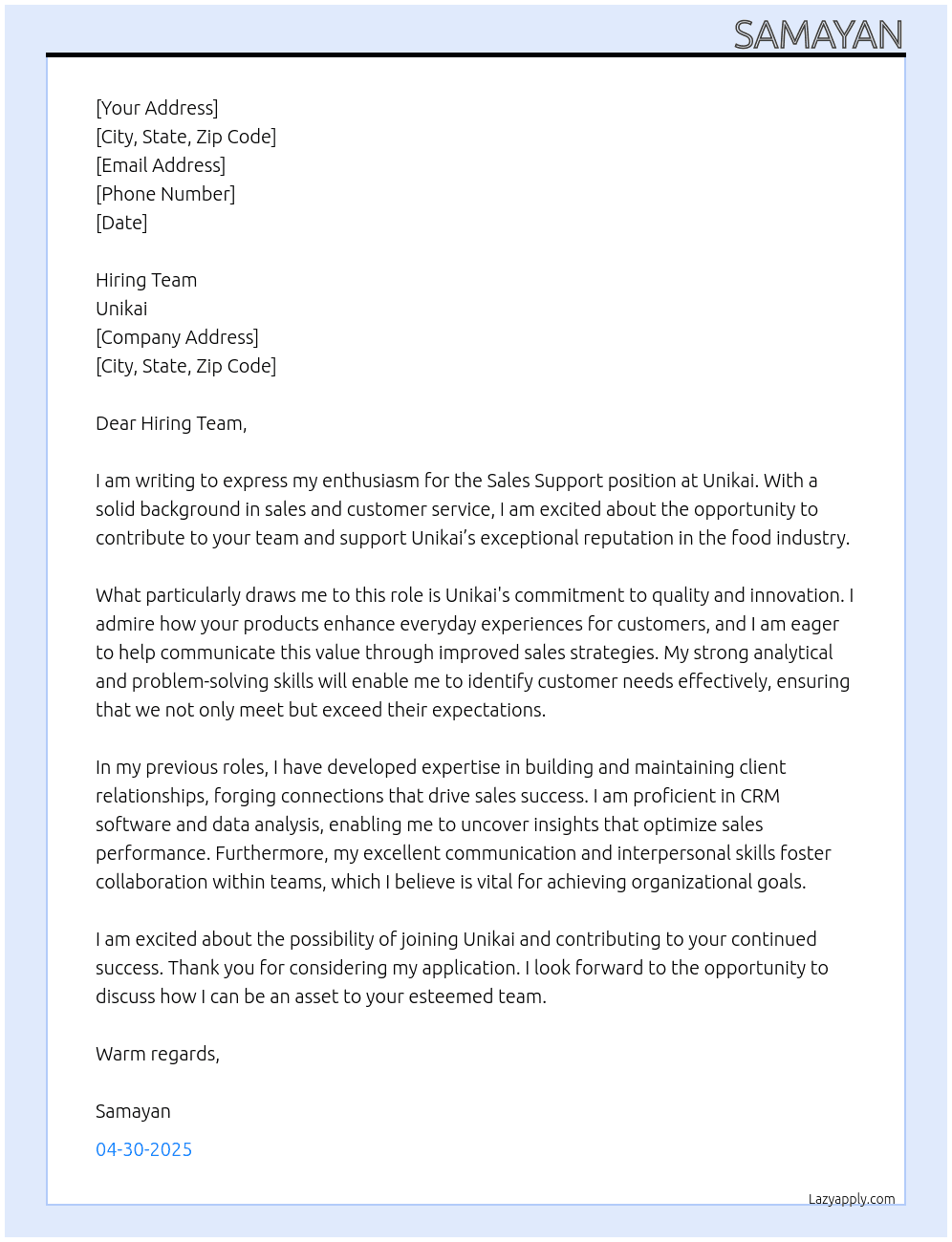 Sales supert At Unikai Cover Letter