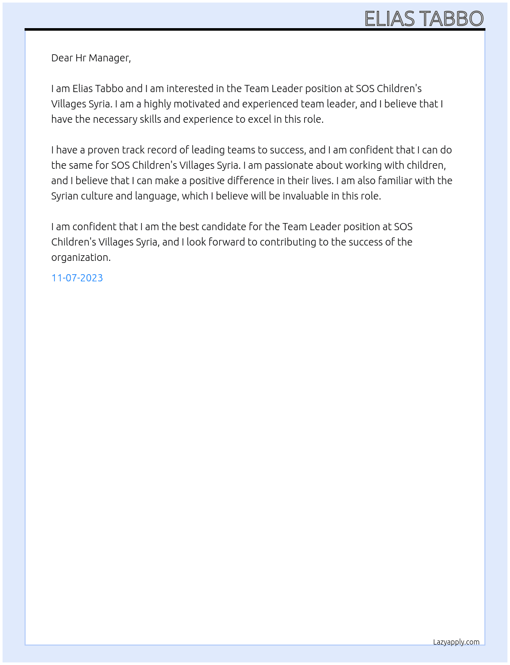  Team Leader At  SOS Children's Villages Syria Cover Letter