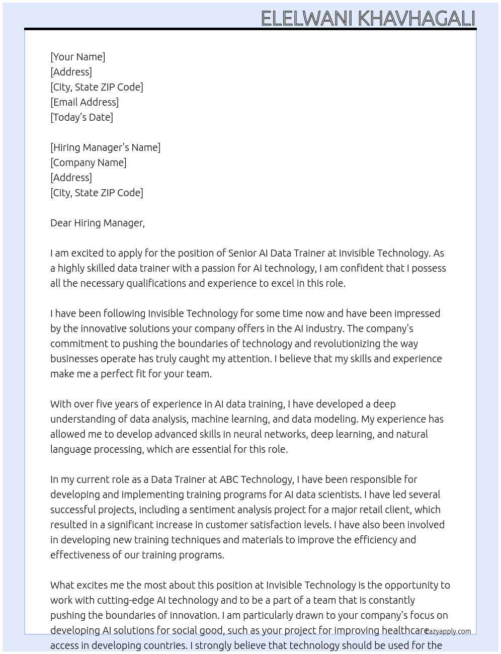 Senior AI data trainer At Invisible Technology Cover Letter