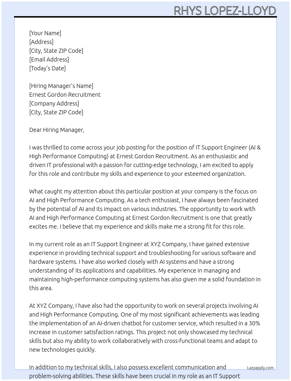 IT Support Engineer (AI & High Performance Computing) At Ernest Gordon Recruitment Cover Letter