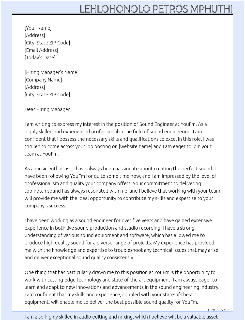 Sound Engineer  At YouFm Cover Letter