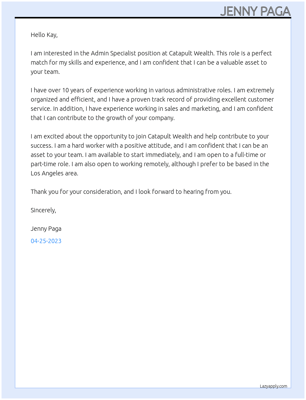 Admin specialist At Catapult Wealth Cover Letter