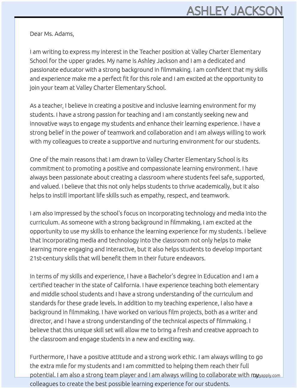 Teacher At Valley Charter Elementary School Upper Grades Teacher Cover Letter