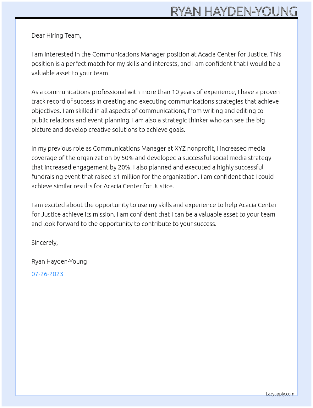 Communcations Manager At Acacia Center for Justice Cover Letter