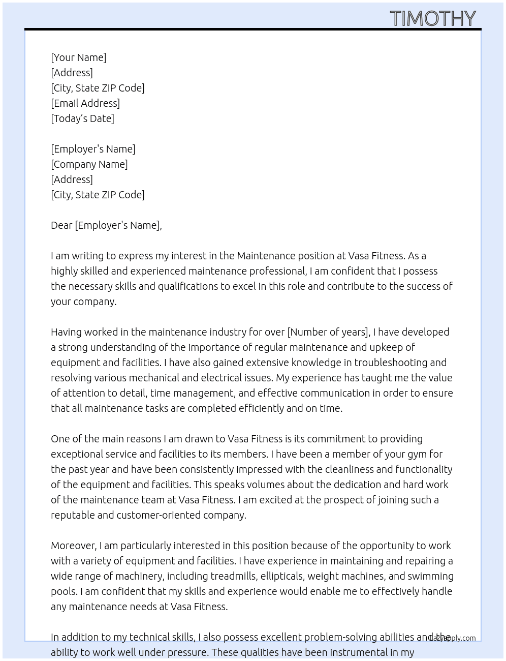 Maintenance At Vasa fitness  Cover Letter
