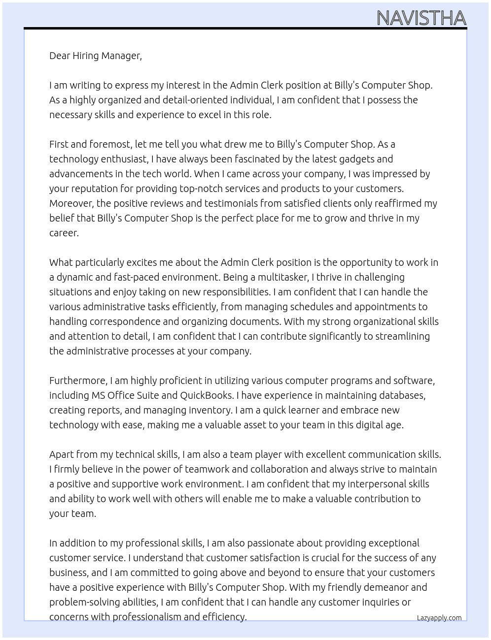 Admin clerk At Billy's Computer Shop Cover Letter