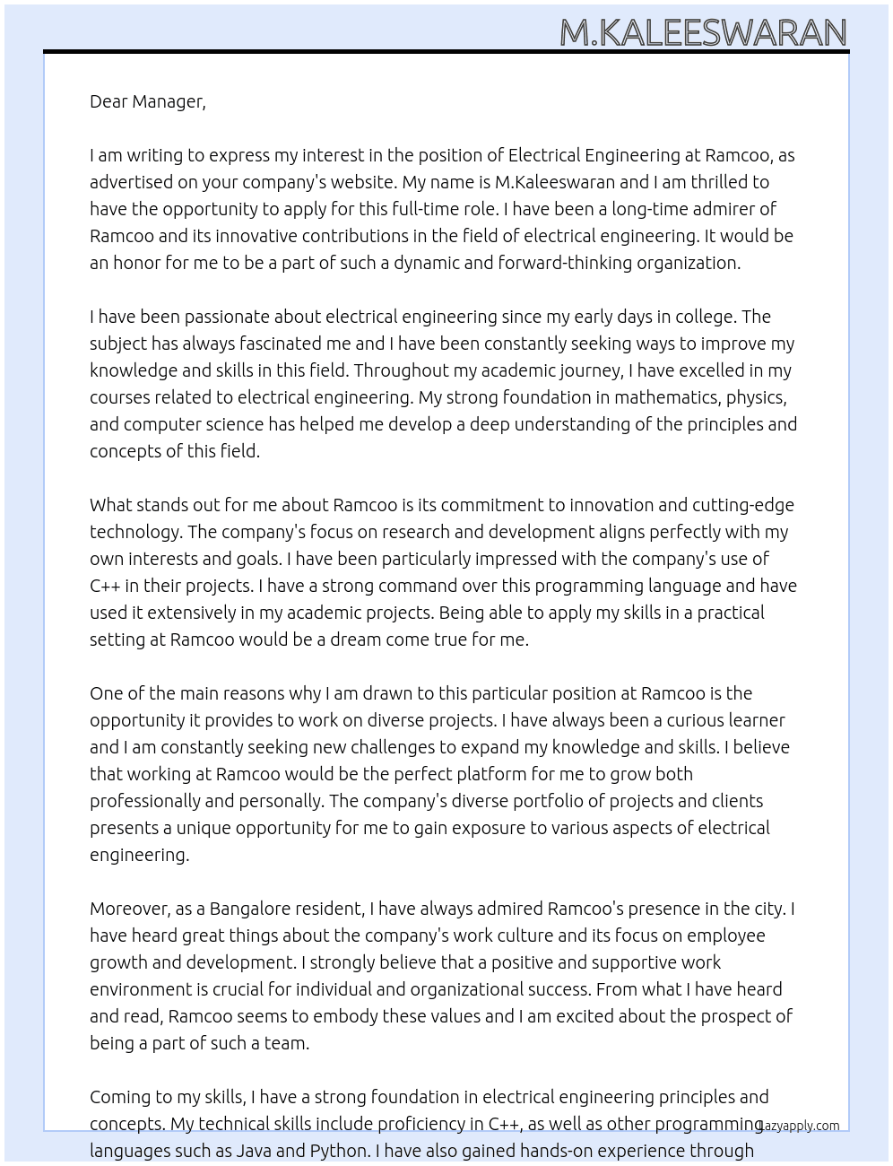 Electrical engineering At Ramcoo Cover Letter