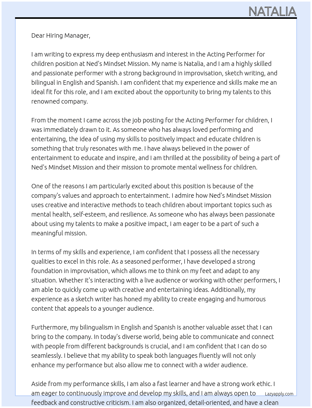 Acting Performer for children At Ned's Mindset Mission Cover Letter