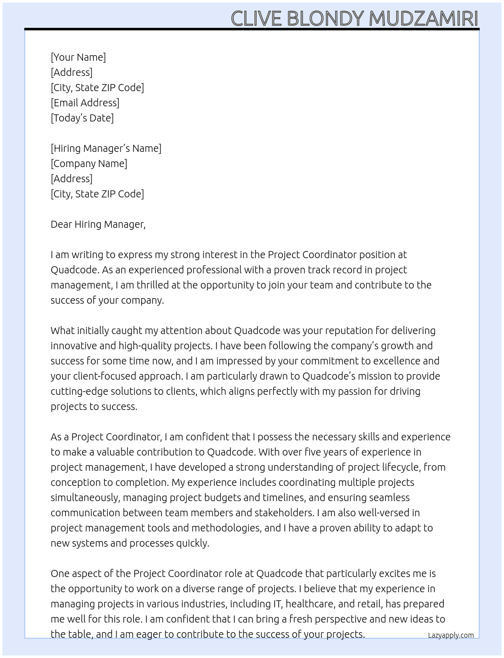 Project Coordinator At Quadcode Cover Letter