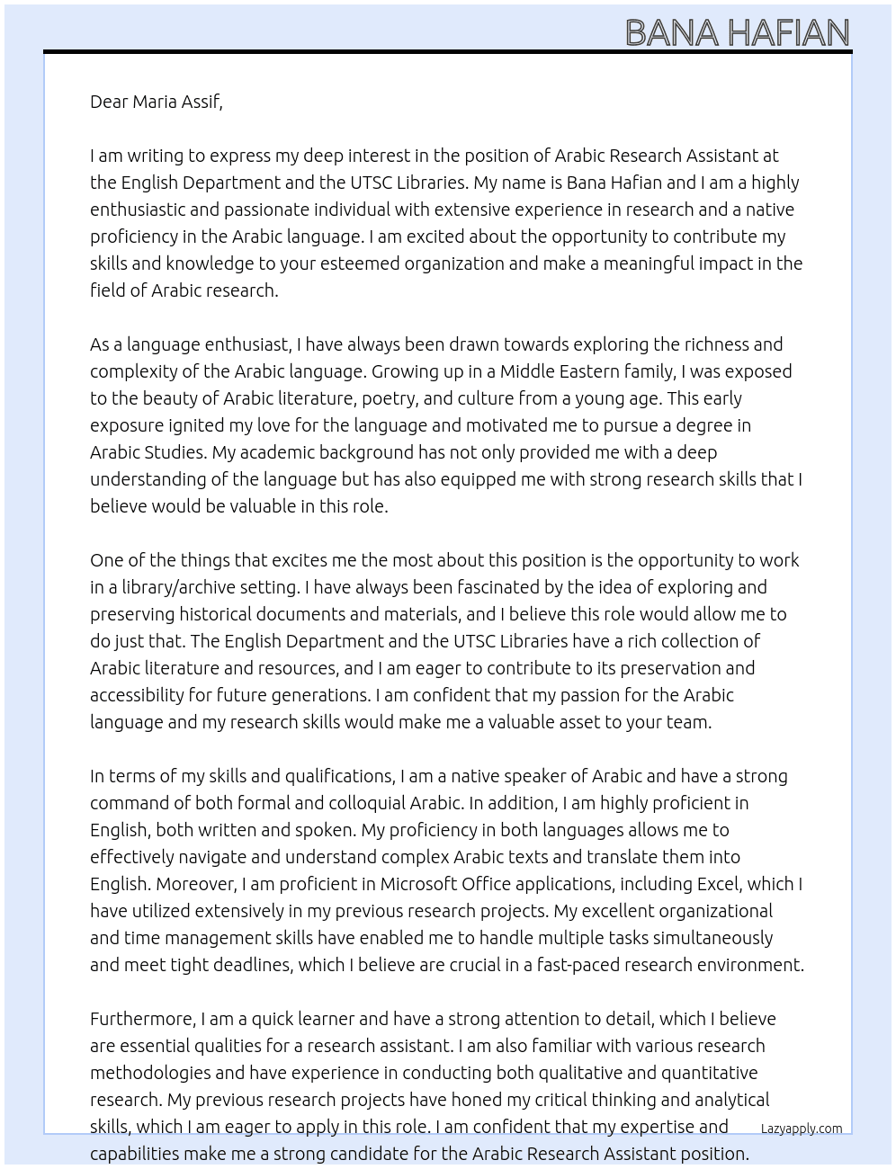 Arabic Research Assistant At  English Department and the UTSC libraries Cover Letter