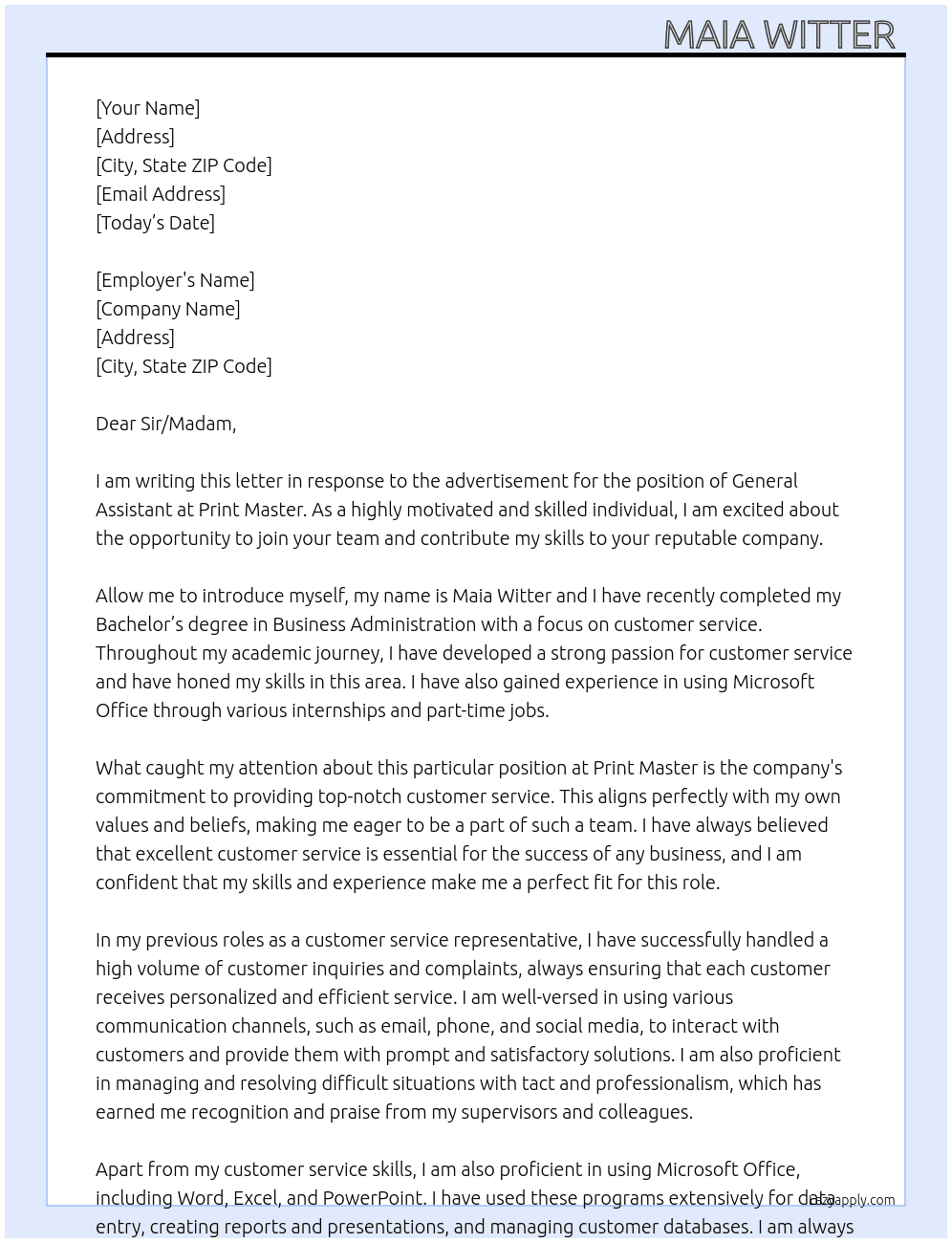 General Assistant  At Print Master Cover Letter