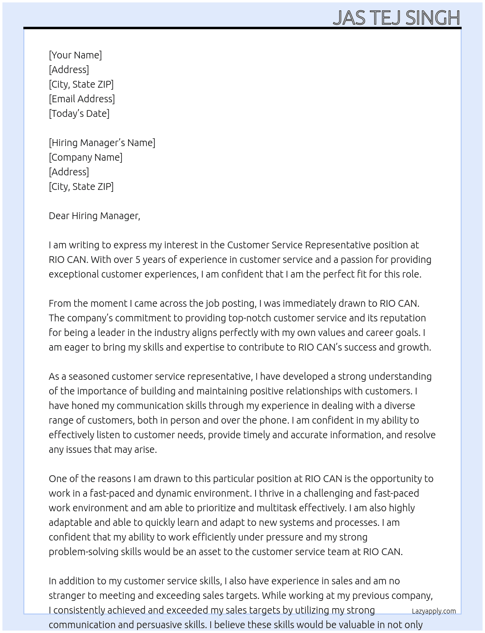 Customer Service Representative At RIO CAN Cover Letter