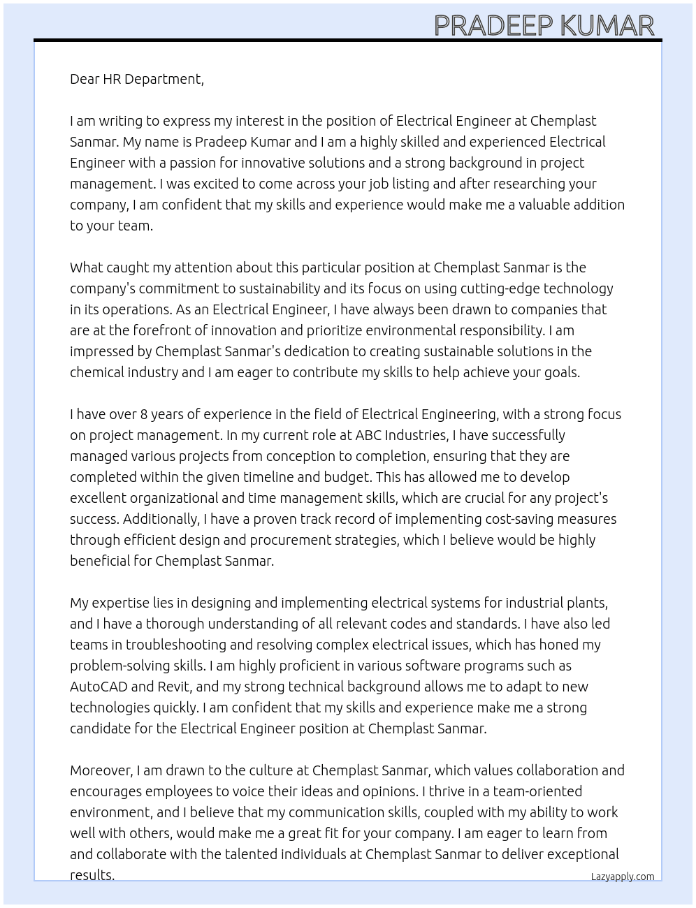 Electrical Engineer  At Chemplast Sanmar  Cover Letter
