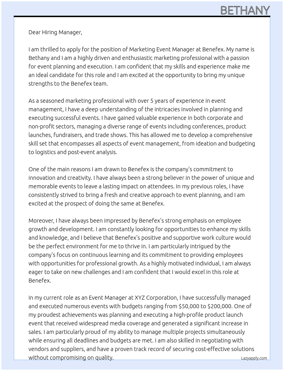 Marketing Event Manager At Benefex Cover Letter