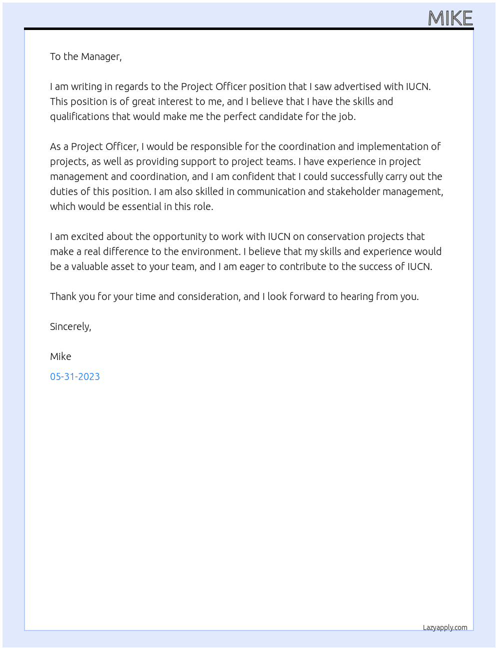 Project Officer At IUCN Cover Letter