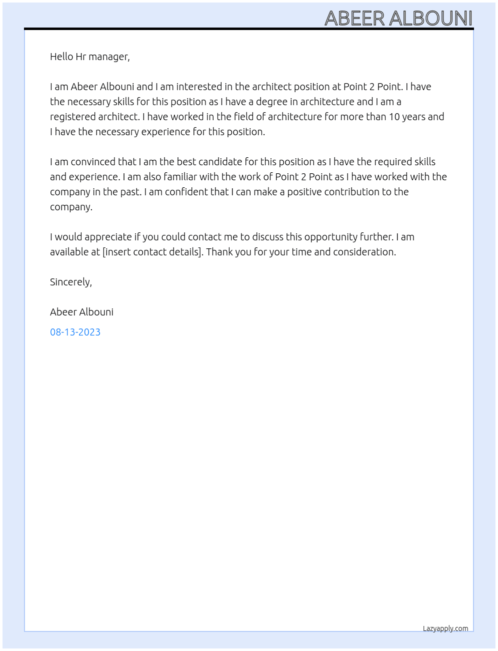 architect At Point 2 Point Cover Letter
