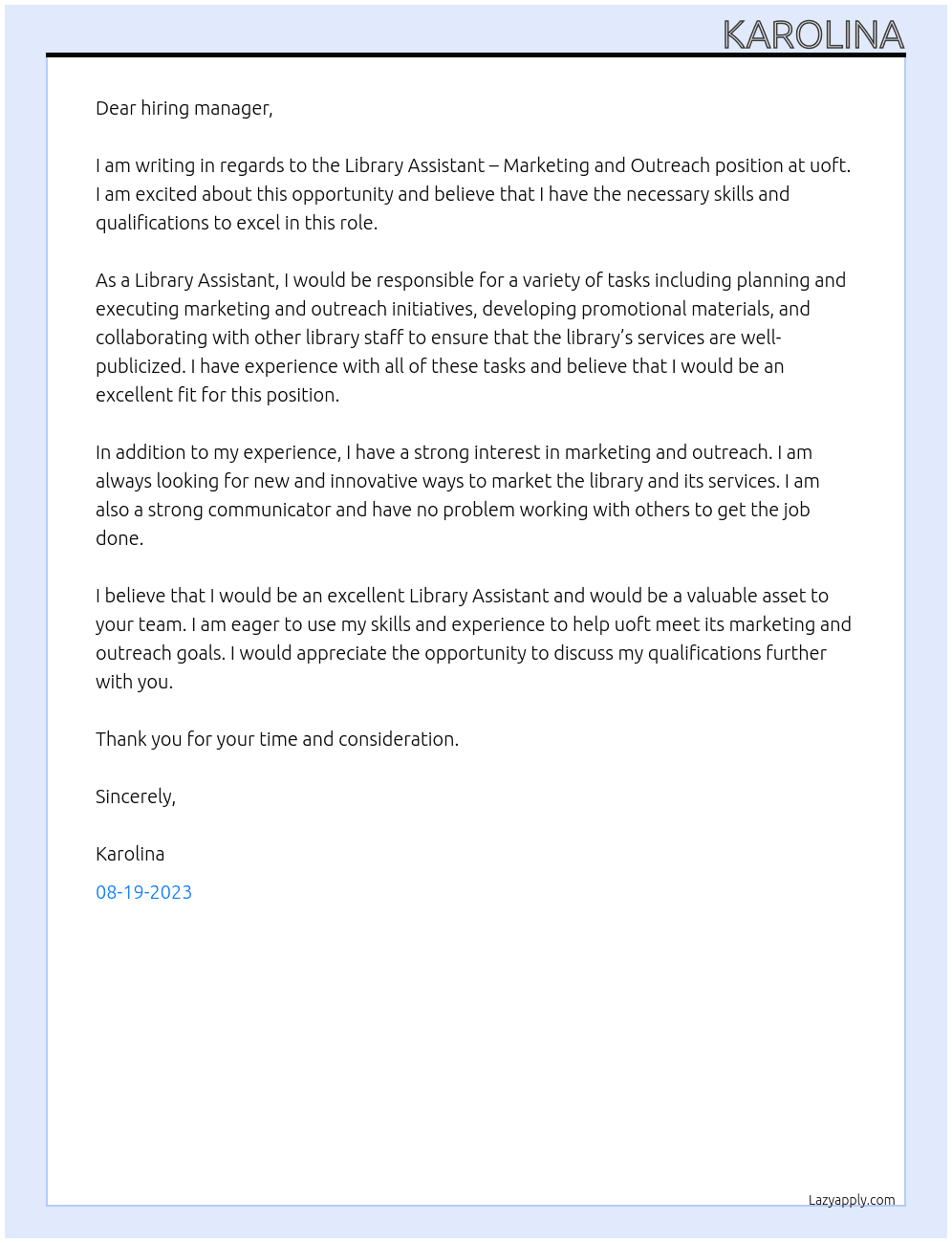 Library Assistant - Marketing and Outreach At uoft Cover Letter