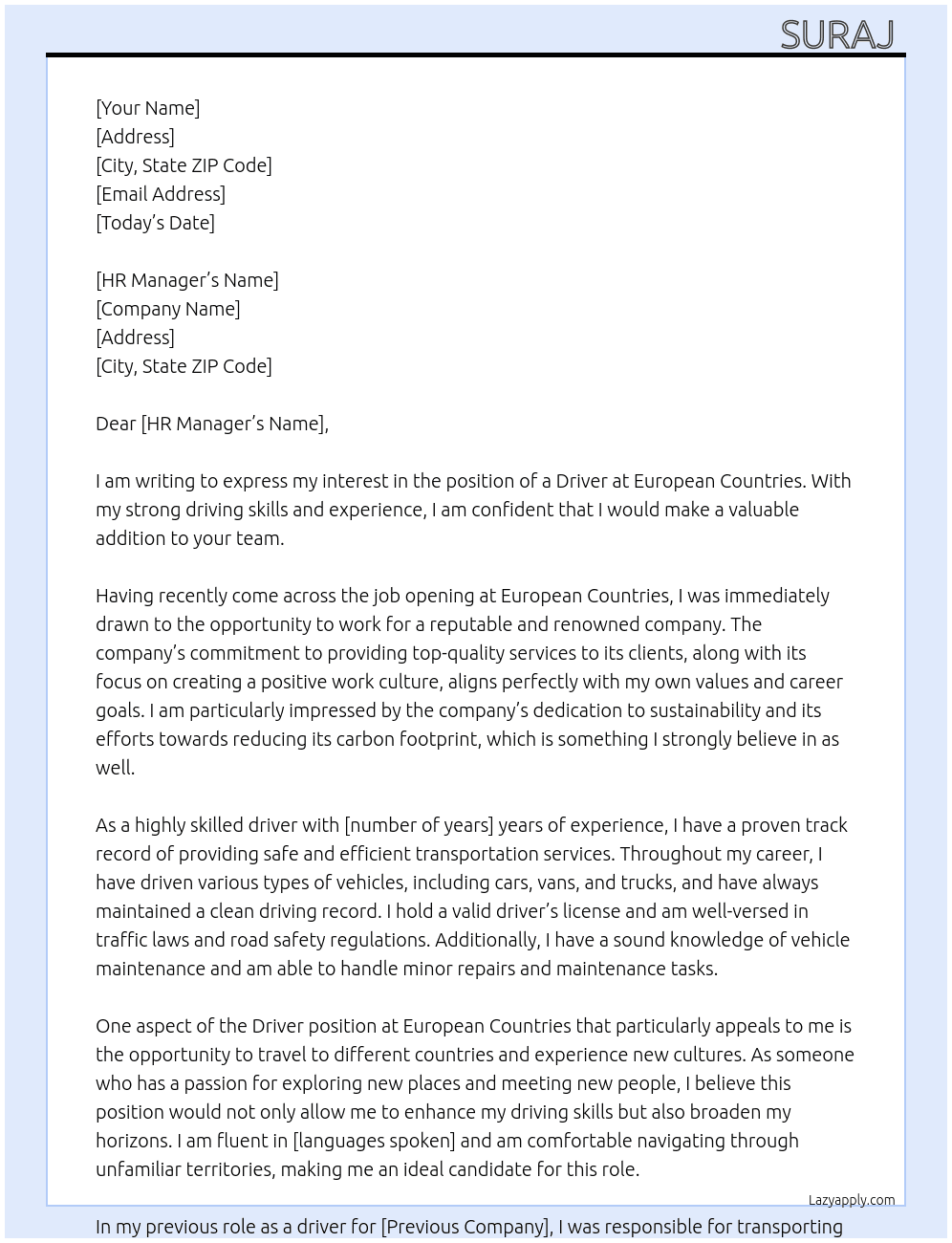 Driver  At European countries  Cover Letter