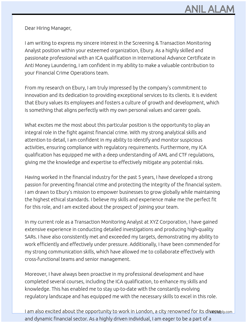 Screening & Transaction Monitoring Analyst - Financial Crime Operations At Ebury Cover Letter
