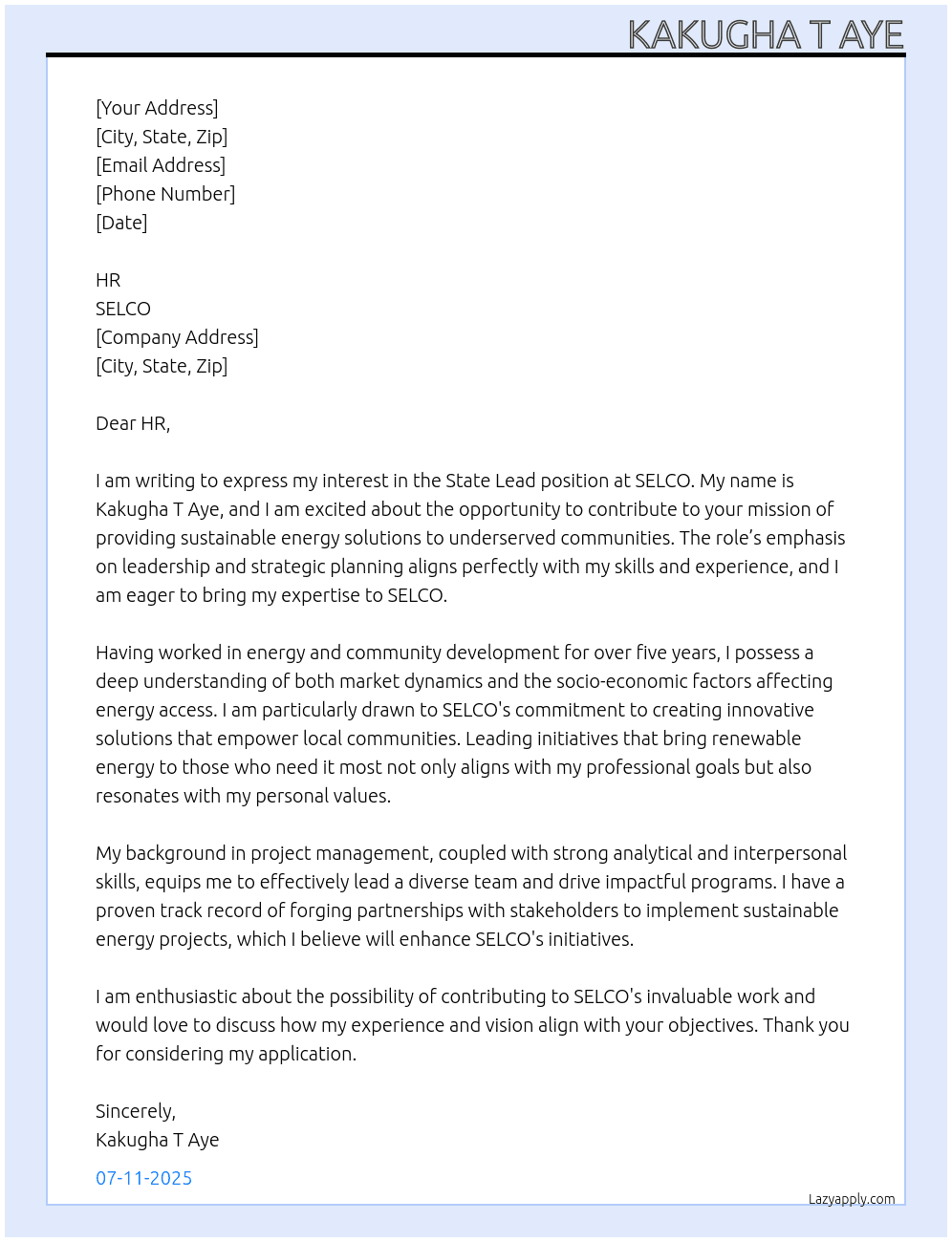 Cover letter for state lead - LazyApply