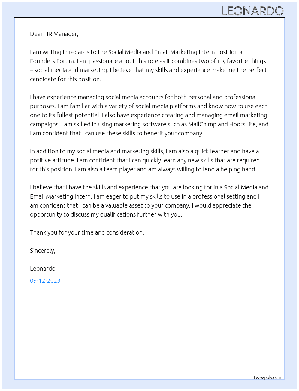 Social Media and Email Marketing Intern At Founders Forum Cover Letter