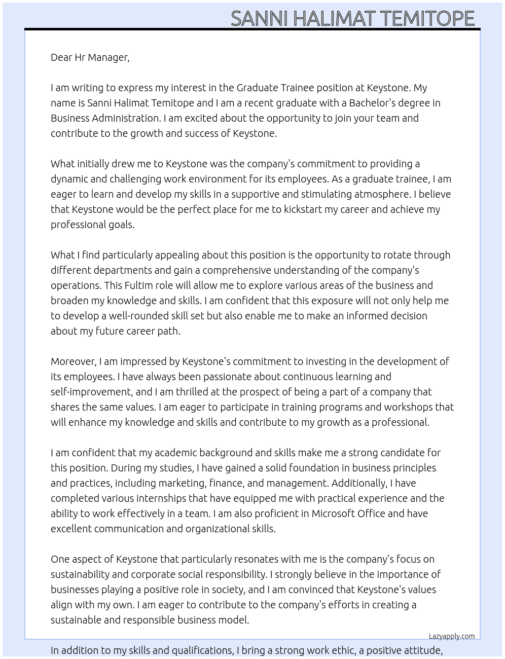 Graduate trainee  At Keystone Cover Letter