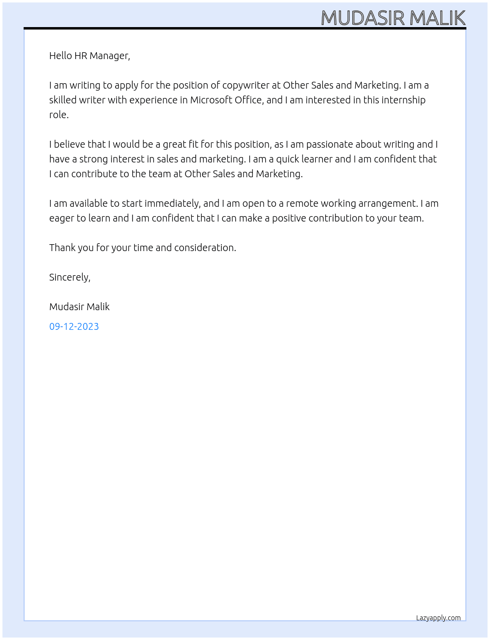 copywriter At other sales and marketing  Cover Letter