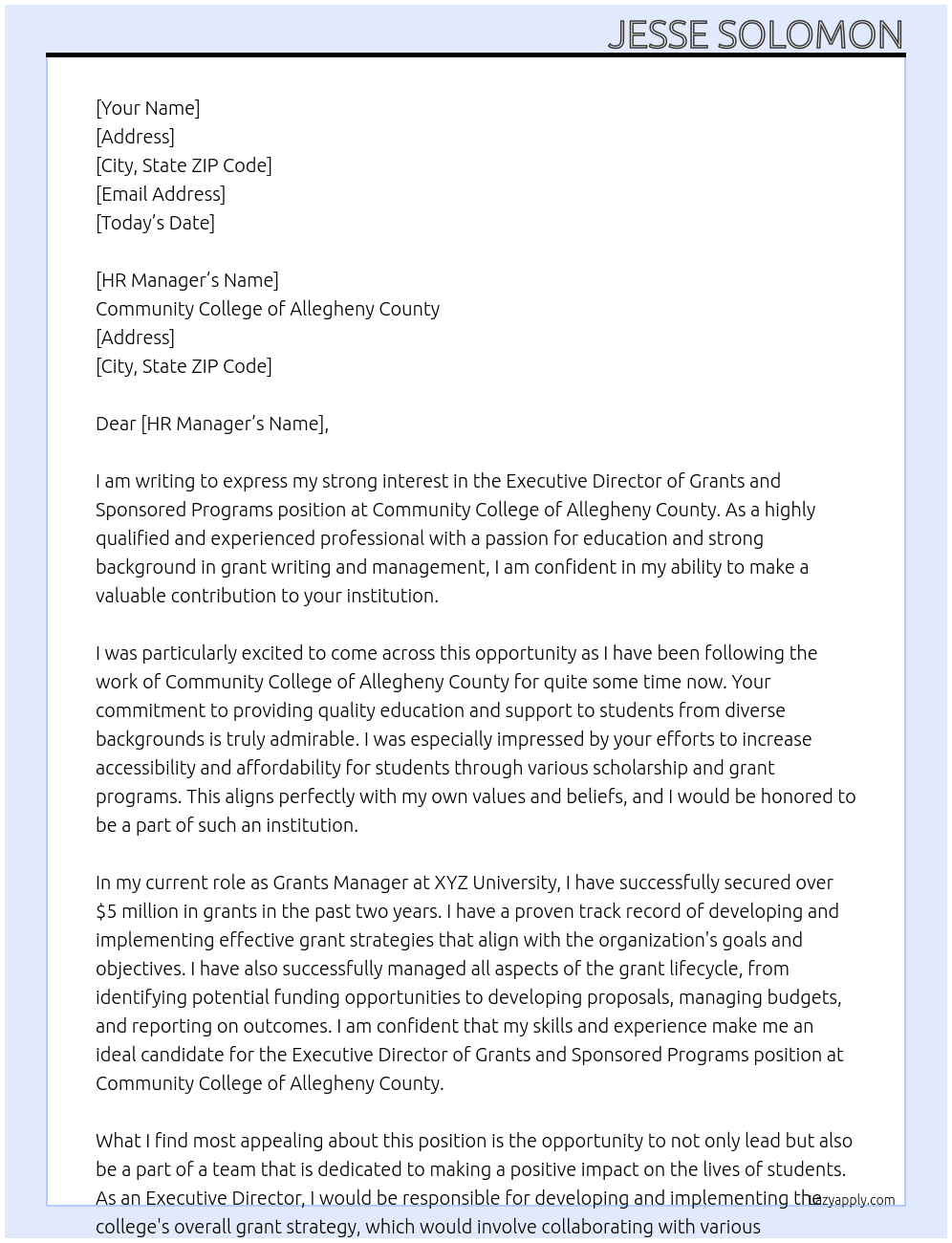 Executive Director of Grants and Sponsored Programs At Community college of Allegheny county  Cover Letter