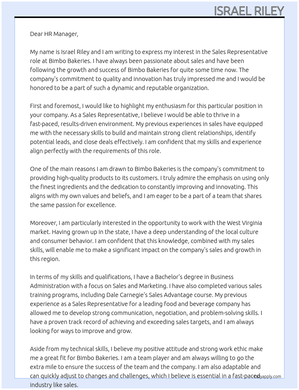 Sales Representative At Bimbo Bakeries Cover Letter