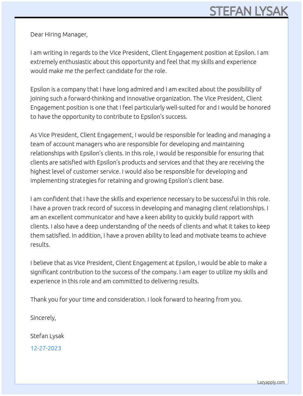 Vice President, Client Engagement At Epsilon Cover Letter