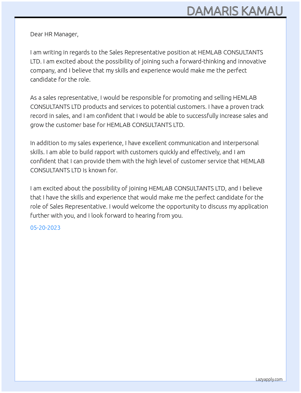 Sales Representative  At HEMLAB CONSULTANTS LTD Cover Letter