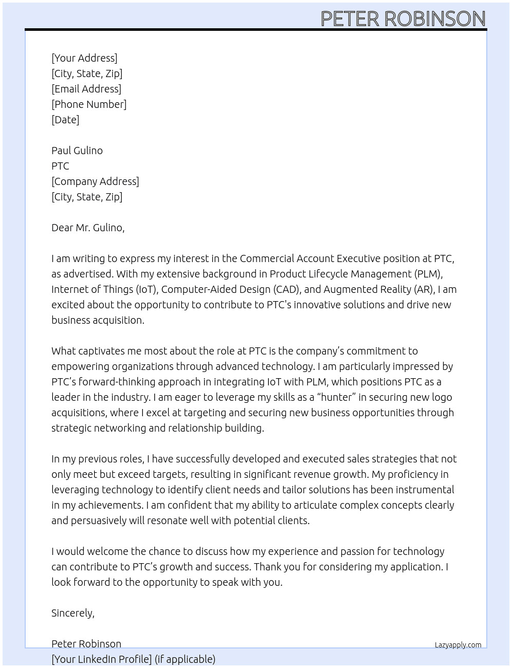 Commerical Account Executive At PTC Cover Letter