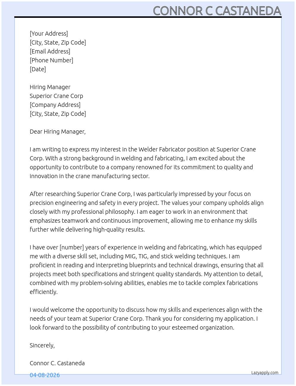 welder fabricator At superior crane corp Cover Letter