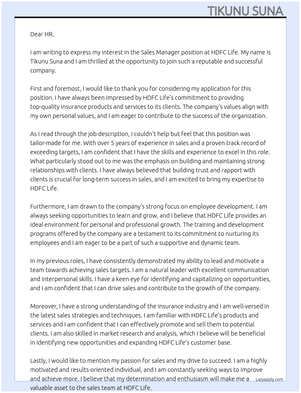 Sales Manager  At Hdfc life  Cover Letter