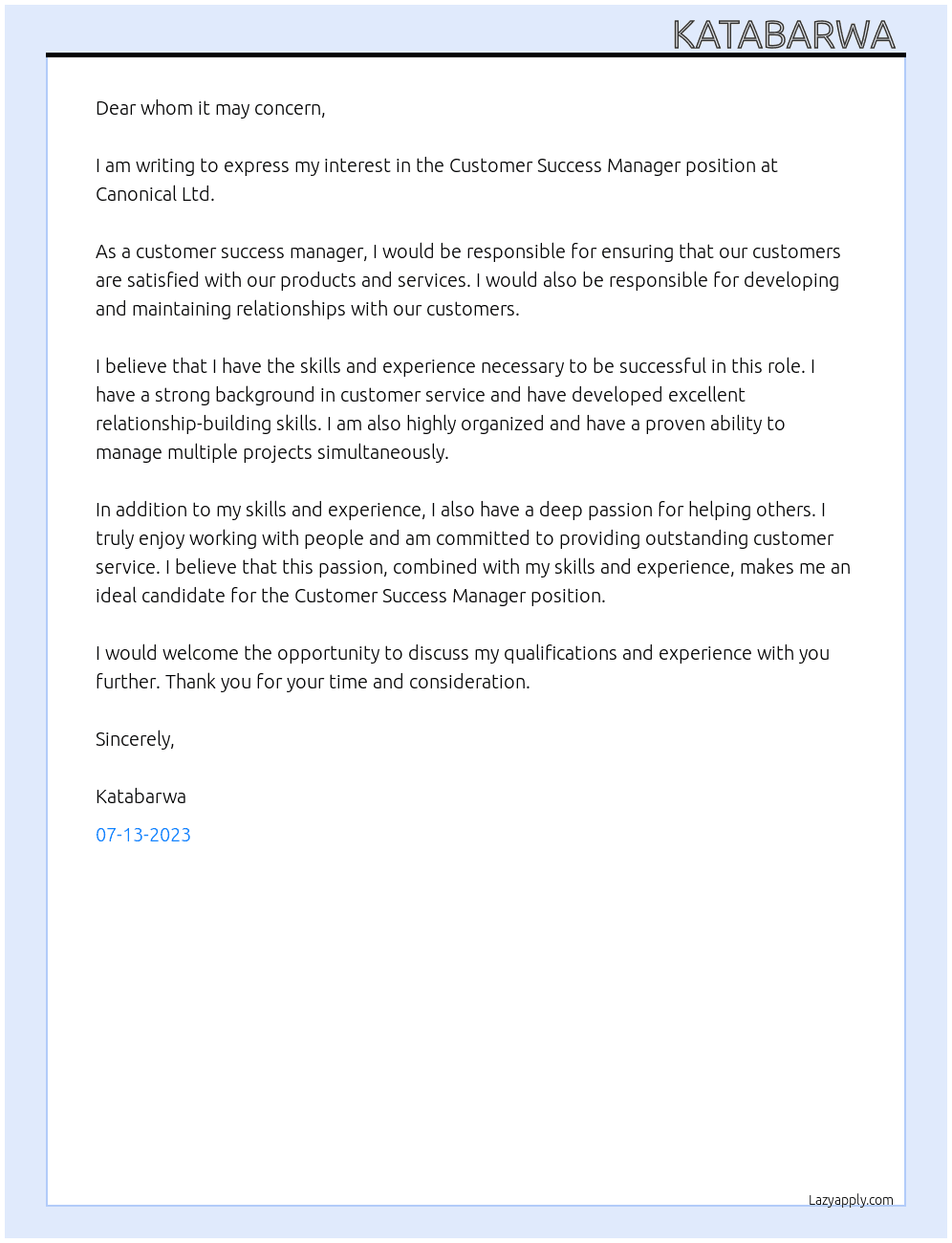 Customer Success Manager At Canonical Ltd. Cover Letter