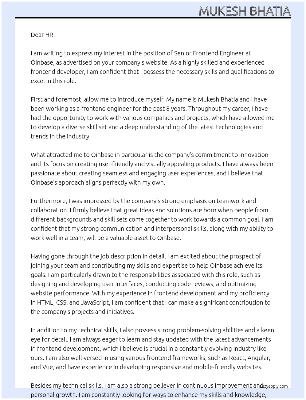 Senior Frontend Engineer At oinbase Cover Letter