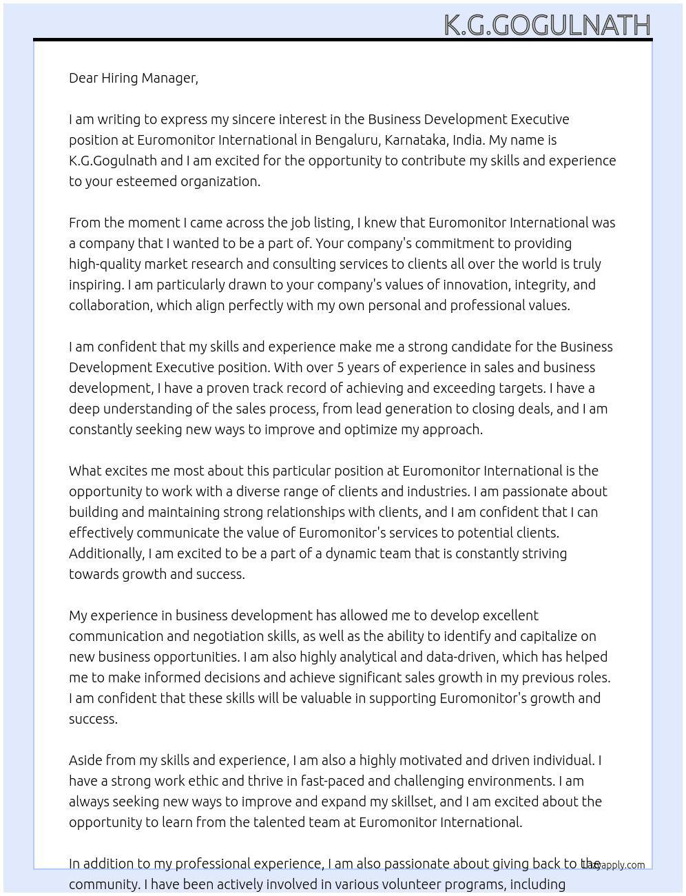 Business Development Executive At Euromonitor International · Bengaluru, Karnataka, India Cover Letter