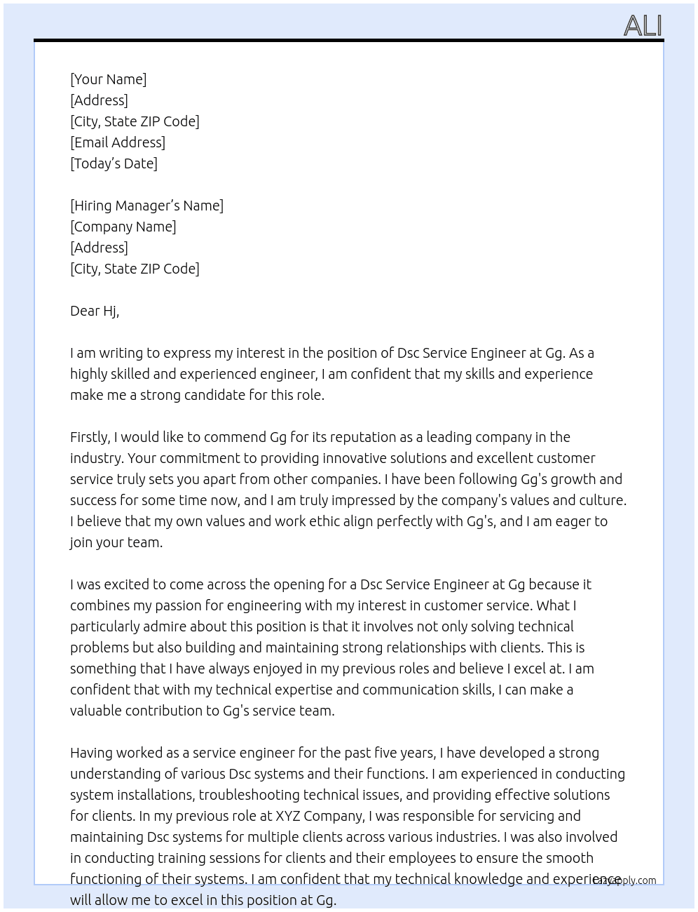 Dsc service engineer  At Gg Cover Letter
