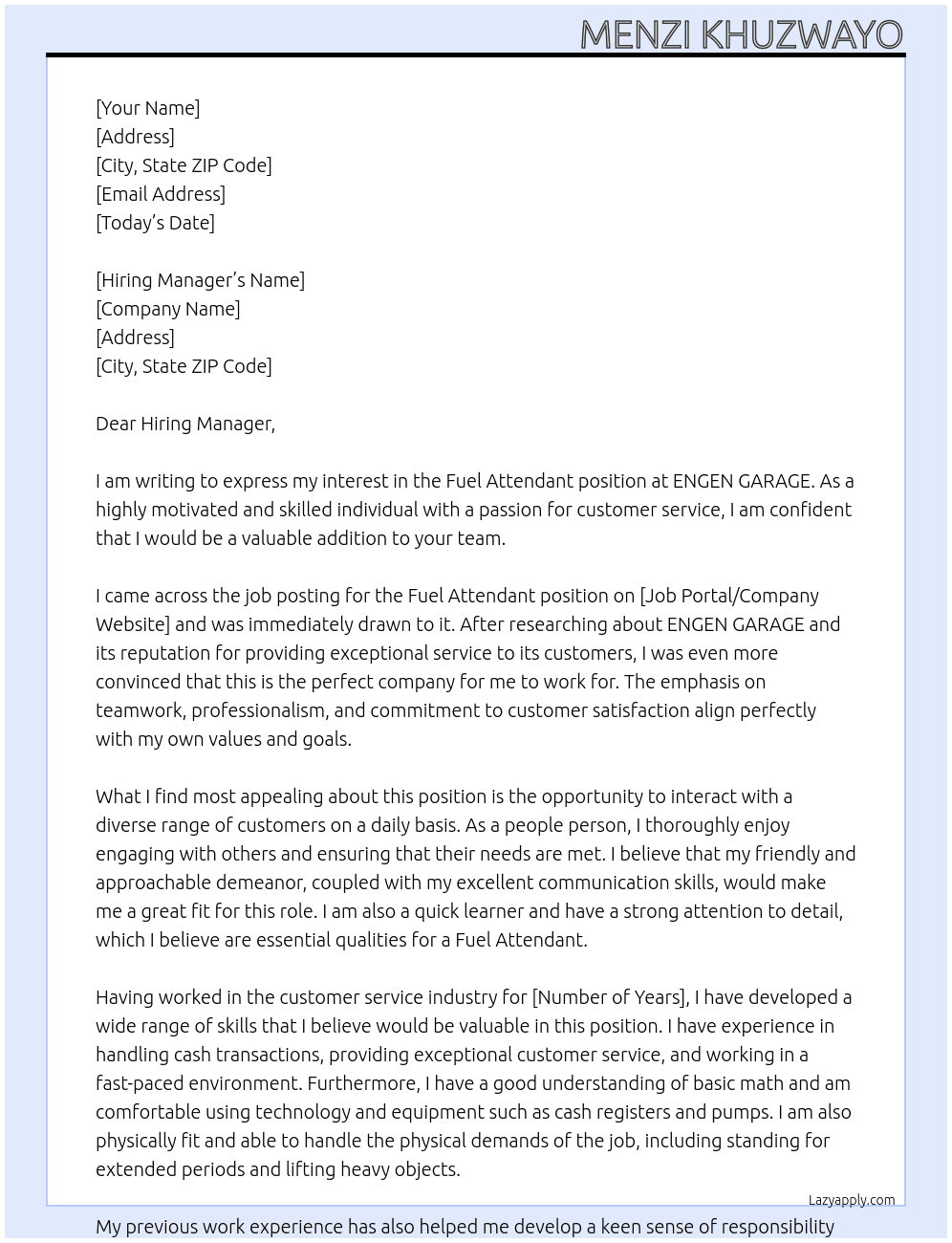 Fuel attendants At ENGEN GARAGE  Cover Letter
