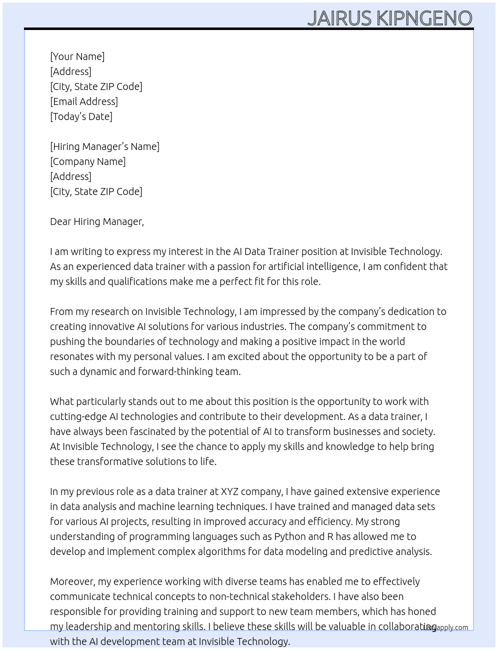 AI data trainer  At Invisible technology  Cover Letter