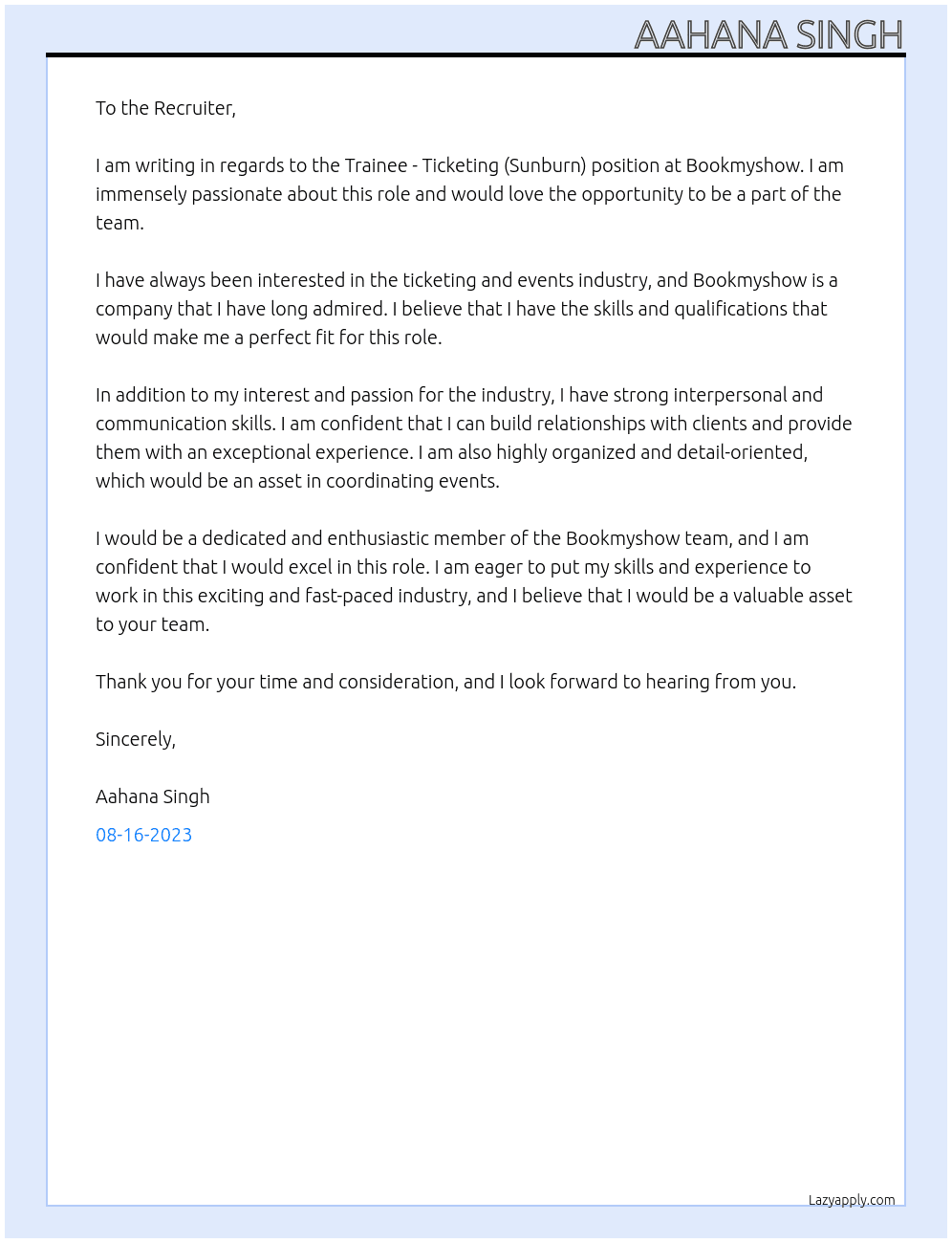 Trainee - Ticketing (Sunburn) At Bookmyshow Cover Letter