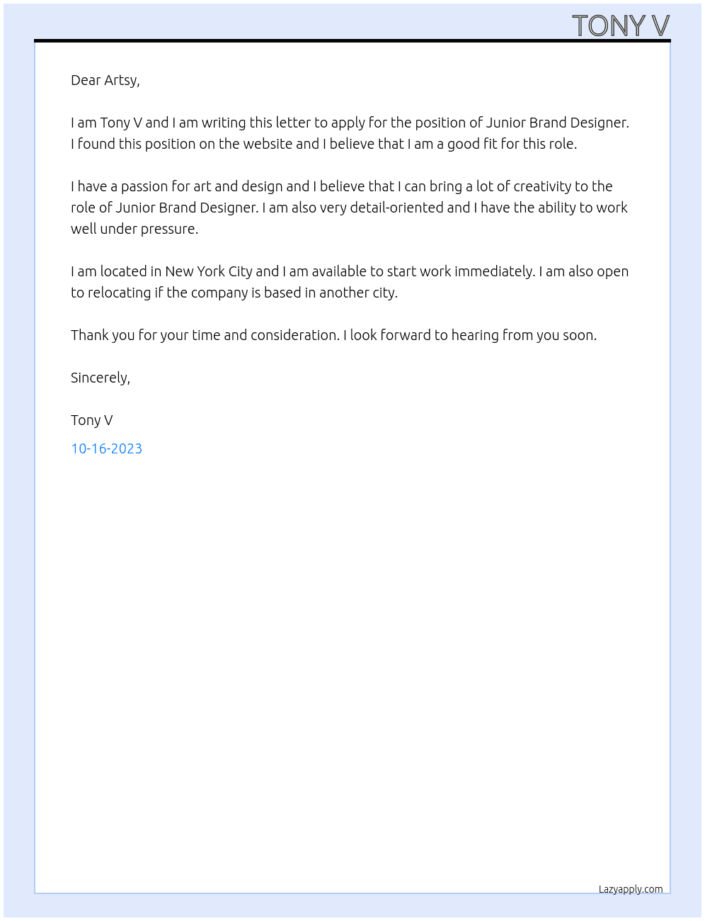 Junior Brand Designer At Artsy Cover Letter