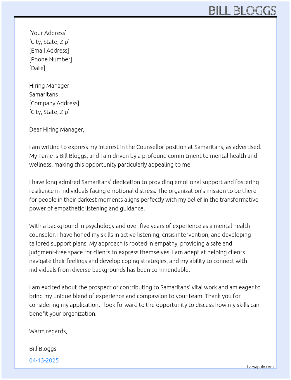 Counsellor At Samaritans Cover Letter