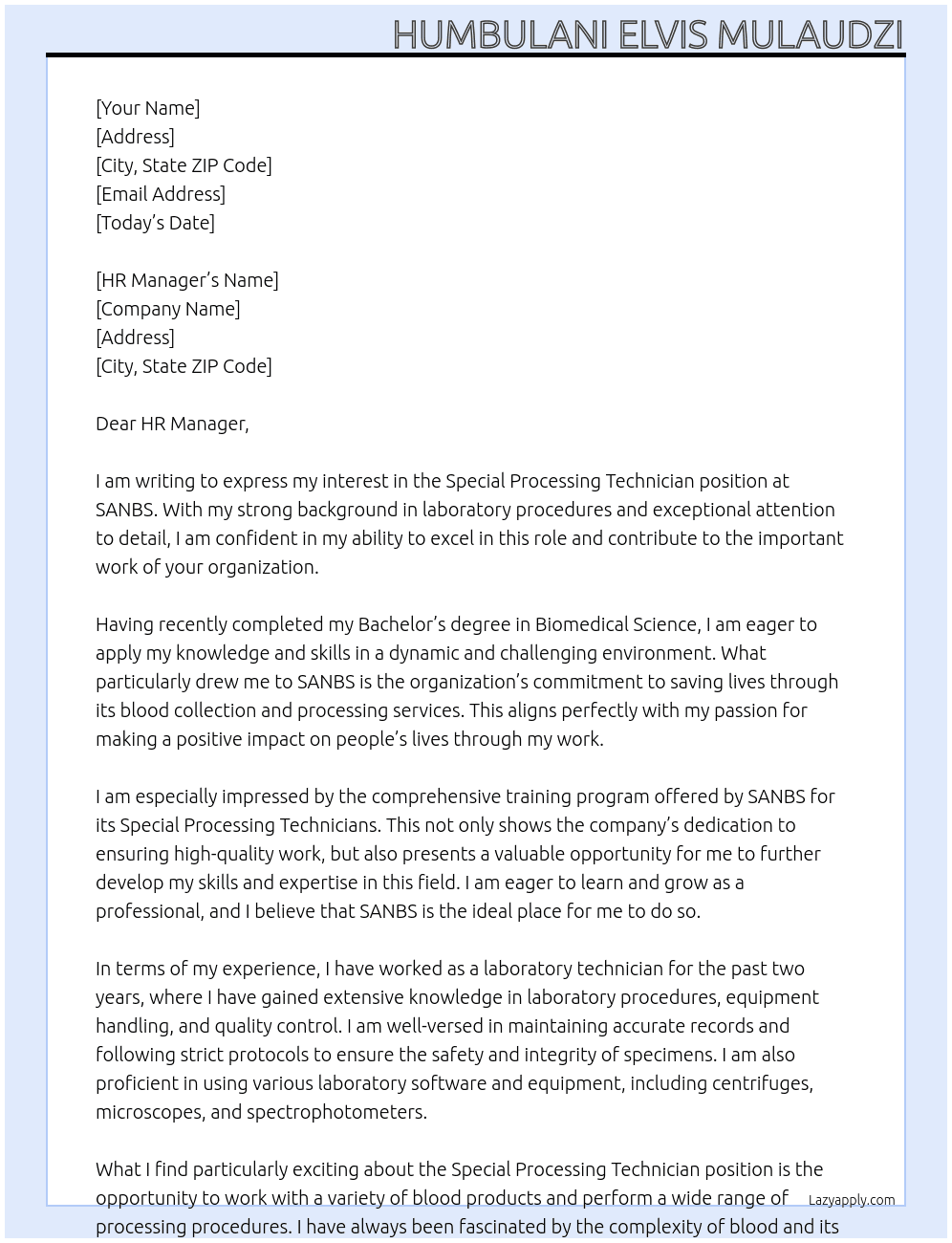 Special Processing Technician At SANBS Cover Letter