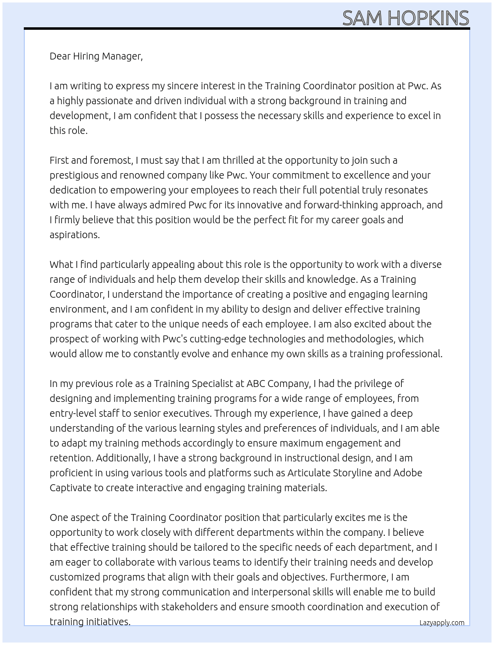Training Coordinator At Pwc Cover Letter